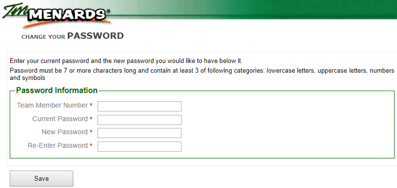 TM Menards "change password" page.